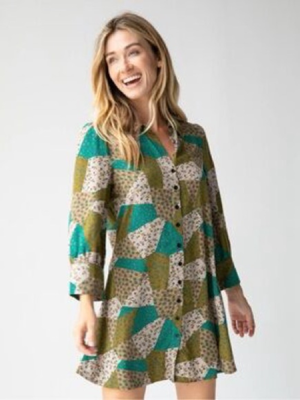 NATURAL LIFE Green Multi Patchwork Button Tunic Dress - Size Large
